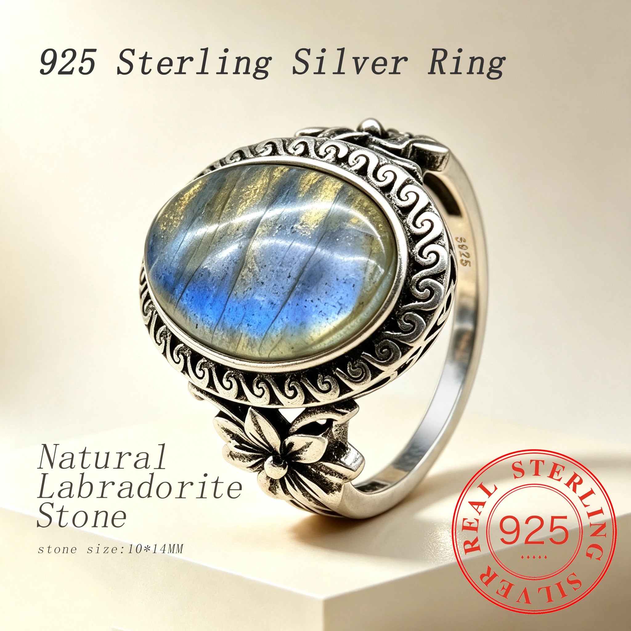 Anello con Pietra Labradorite in Argento 925 – Stile Vintage