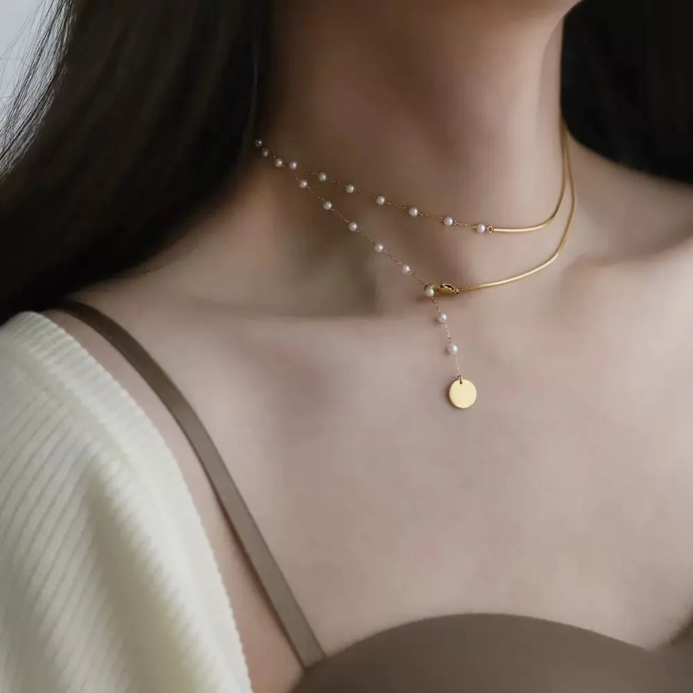 Collana Doppio Strato Snake & Perle – Stile Coreano